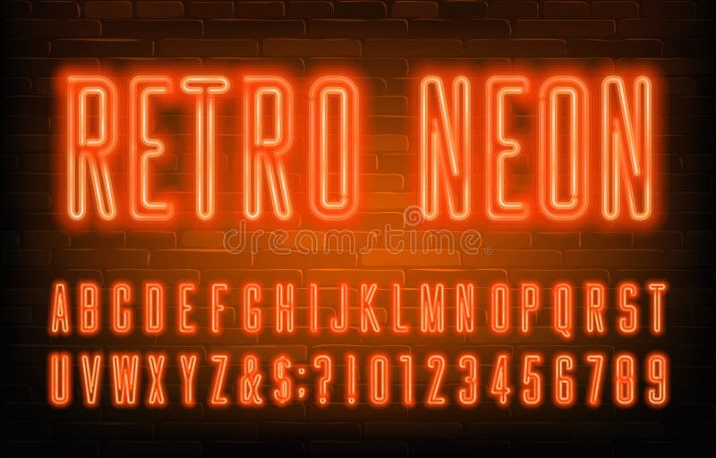Retro Neon alphabet font. Condensed orange neon letters and numbers. Brick wall background. Stock vector typescript for your typography design. Retro Neon alphabet font. Condensed orange neon letters and numbers. Brick wall background. Stock vector typescript for your typography design.
