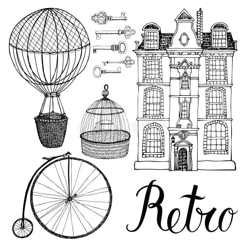 Retro objekt, hus och transport. Handteckning och kalligrafi royaltyfri illustrationer Retro objekt, hus och transport. Handteckning och kalligrafi royaltyfri illustrationer