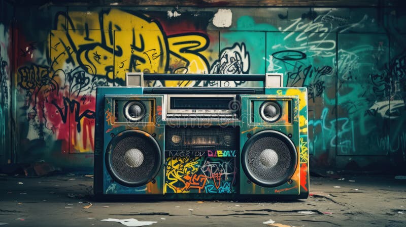 Retro old design ghetto blaster boombox radio cassette tape recorder from 1980s in a grungy graffiti covered room.music blaster