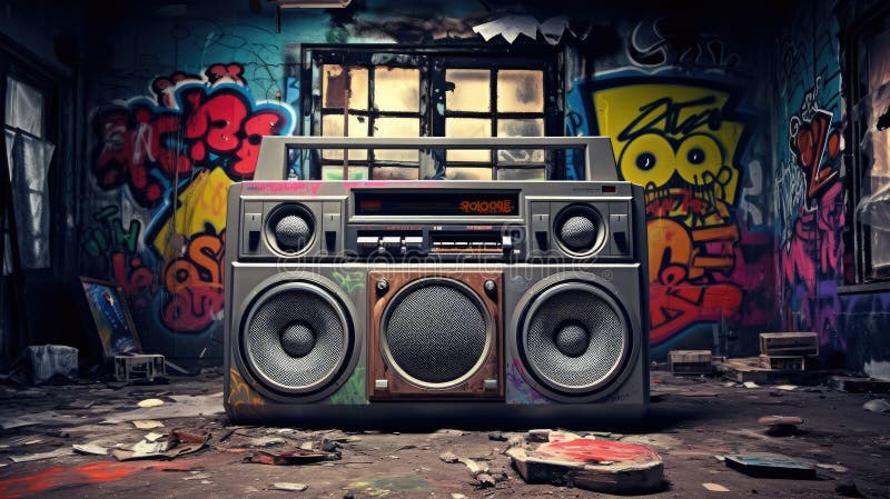 Retro old design ghetto blaster boombox radio cassette tape recorder from 1980s in a grungy graffiti covered room.music blaster