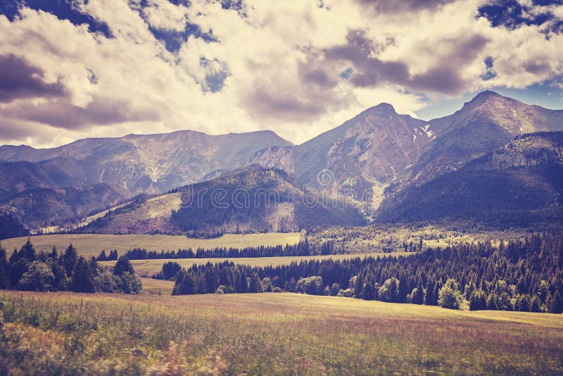 Retro old film stylized photo of High Tatra Mountains, Slovakia