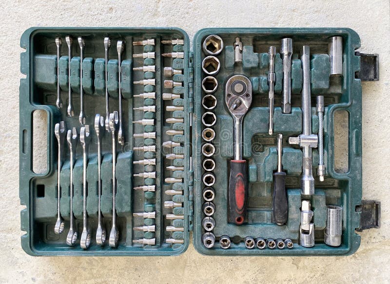 A Retro Old Repair Fixing Toolbox on the Floor. Stock Photo Image of