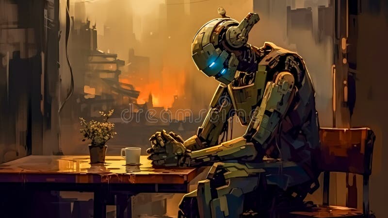 Retro old rusty robot in an abandoned building, made with Generative AI royalty free illustration