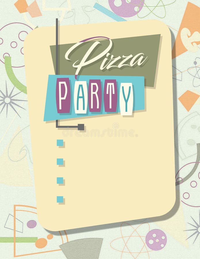 Retro partiinbjudanpizza stock illustrationer Retro partiinbjudanpizza stock illustrationer