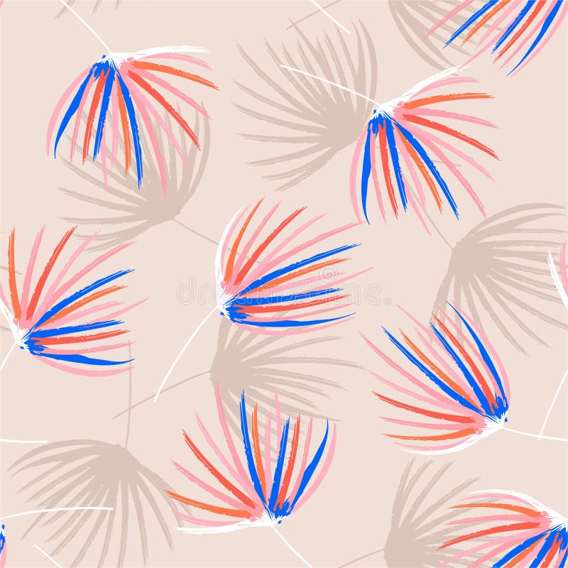 Retro pastel mood colorful hand brush sketch of palm leaves seamless pattern in vector .Design feor fashion, fabric, web,wallpaper