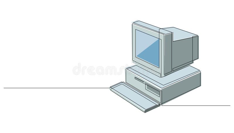 Retro personal computer continuous one line drawing with colours. Vintage cpu with analog monitor and keyboard drawn by single line. Vector illustration. Old computer keyboard cpu monitor vectors