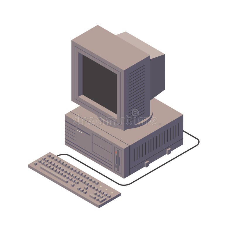 Retro personal computer. Old PC with display, keyboard. Isometric vector illustration. stock illustration