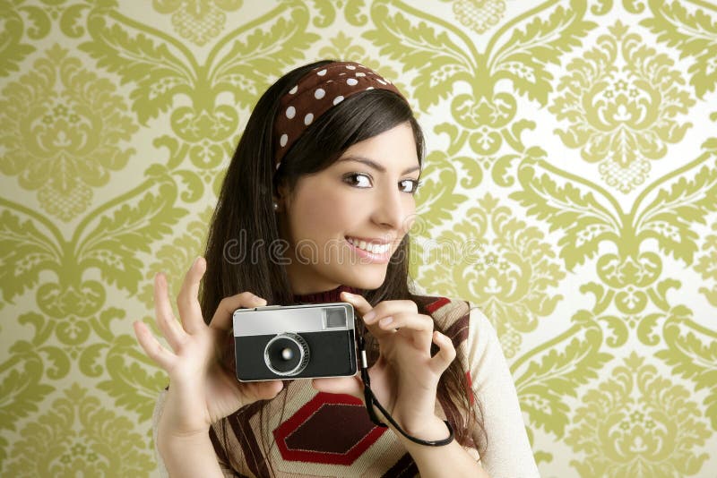 Retro photo camera woman green sixties wallpaper stock image Retro photo camera woman green sixties wallpaper stock image