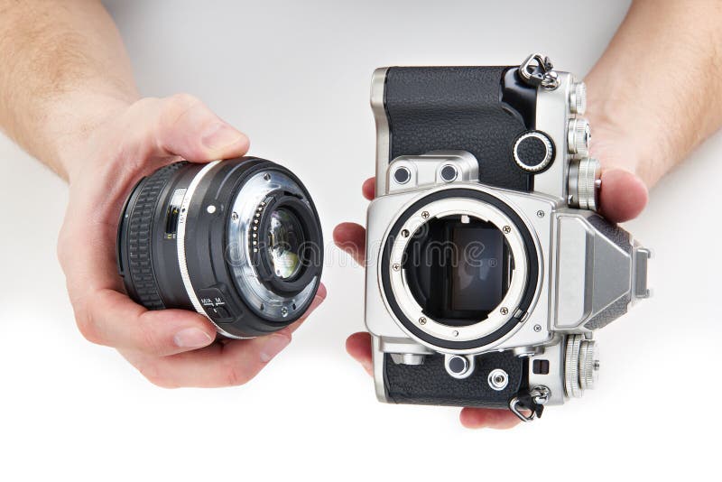 Retro photo SLR camera and lens in hands isolated