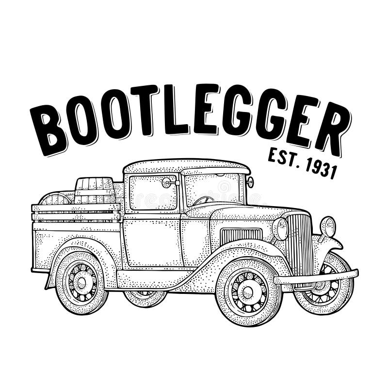 Retro pickup med den wood trumman Bootleggerbokstäver Tappninggravyr stock illustrationer Retro pickup med den wood trumman Bootleggerbokstäver Tappninggravyr stock illustrationer