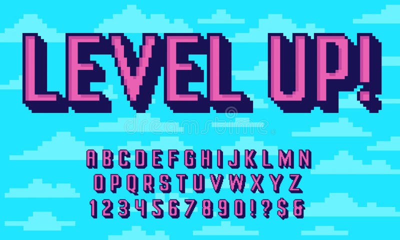 Retro pixel art 3D font. 8 bit typography alphabet, extruded letters and pixelated numbers old arcade game style vector stock illustration
