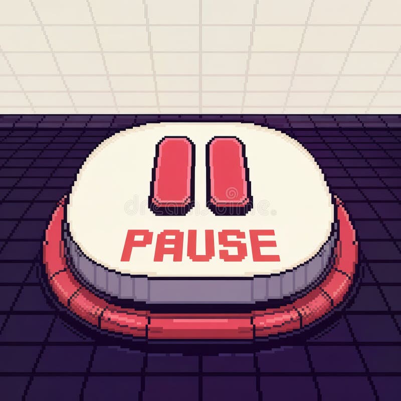 Retro Pixelated Pause Button Graphic, 8Bit Style with Red Text and Symbols Design royalty free illustration