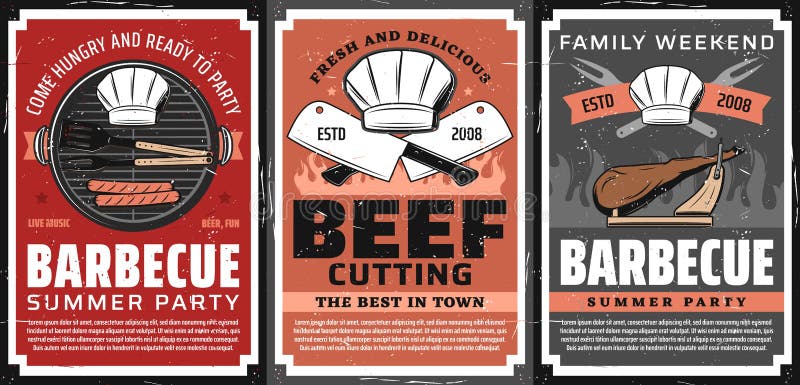 Barbecue party and steak restaurant retro poster. Sausages grilling on barbecue grill grid, BBQ tongs, fork and chef toque, kitchen hatchet, jamon leg on cutting stand vector. BBQ summer party banner. Barbecue party and steak restaurant retro poster. Sausages grilling on barbecue grill grid, BBQ tongs, fork and chef toque, kitchen hatchet, jamon leg on cutting stand vector. BBQ summer party banner