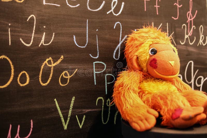 Retro Plush Monkey Against a Blackboard with an Alphabet Stock Image