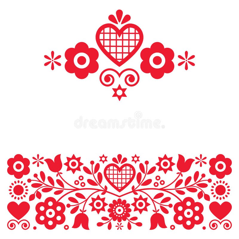 Ethnic spring Slavic pattern collection with flowers, hearts and leaves in red and white. Ethnic spring Slavic pattern collection with flowers, hearts and leaves in red and white