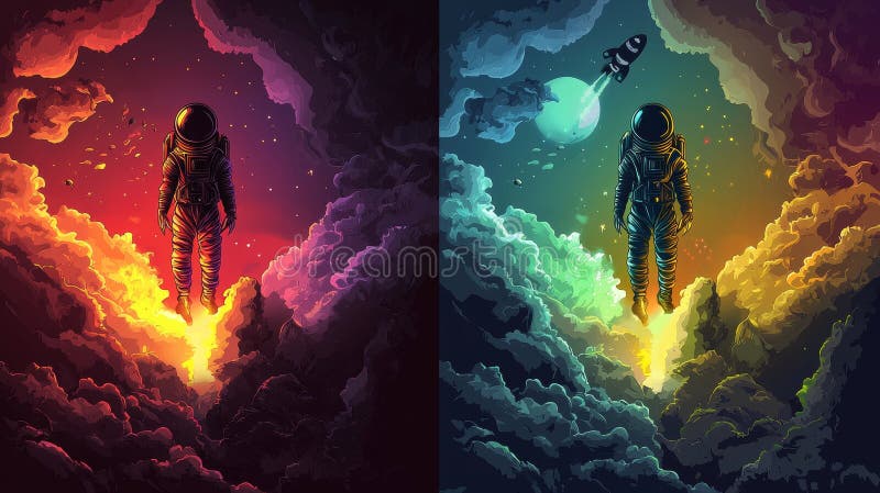 Retro posters featuring space exploration, including rockets and shuttles in outer space, rovers on the surface of the
