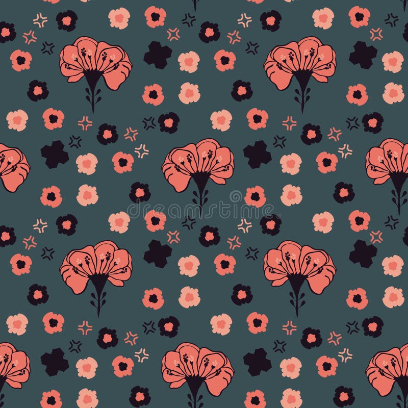 Retro Prairie Style Floral Vector Pattern Hand Drawn, Seamless Bloom Style Flower Illustration for Summer Fashion Print, Trendy Wallpaper, Girly Stationery, Vintage Home Decor,Teal Orange Background