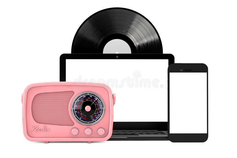 Retro Radio, Vintage Vinyl Record Disk Mobile Phone and Laptop. 3d Rendering royalty free stock photo Retro Radio, Vintage Vinyl Record Disk Mobile Phone and Laptop. 3d Rendering royalty free stock photo