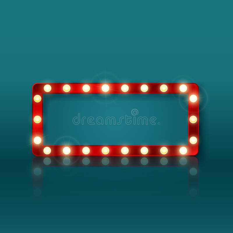 Retro rectangular banner sign with red frame and glowing bulbs. Colorful vintage advertisement billboard with space for text vector illustration