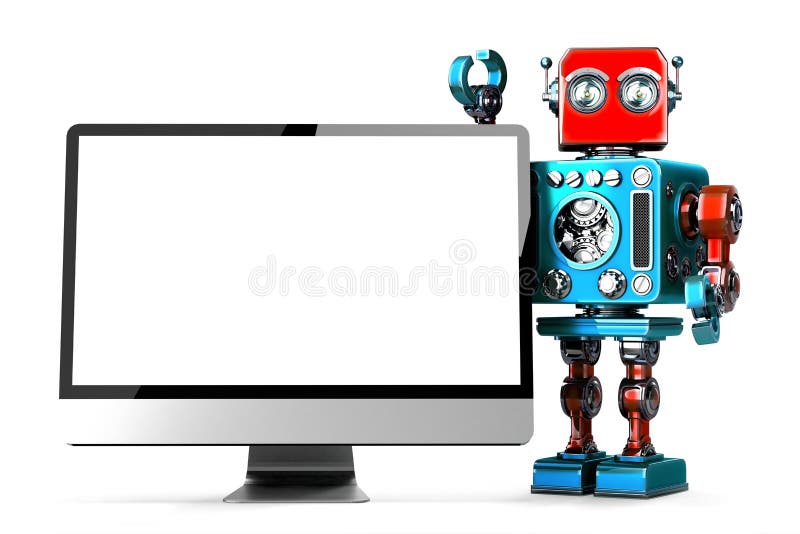 Retro-robot cu ecran de computer. ilustrație 3d izolată. . co vector illustration