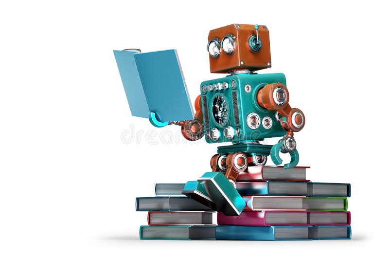 Retro robot reading a book. Isolated. Contains clipping path