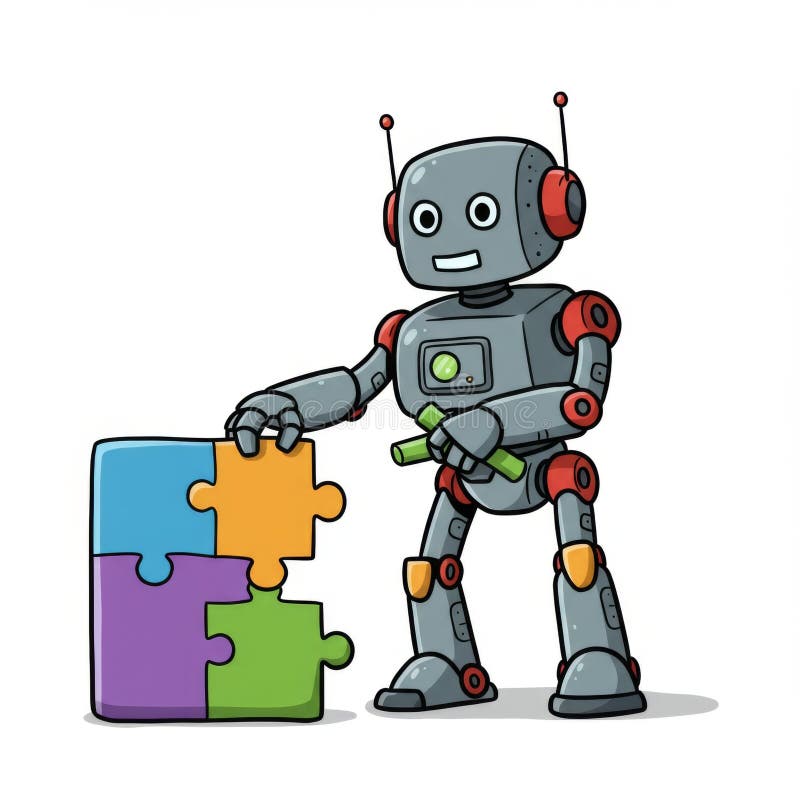 Retro Robot Solving Colorful Puzzle vector illustration