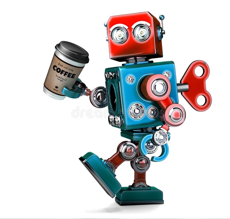 Retro- Roboter, der mit einem Tasse Kaffee geht Abbildung 3D stock abbildung Retro- Roboter, der mit einem Tasse Kaffee geht Abbildung 3D stock abbildung