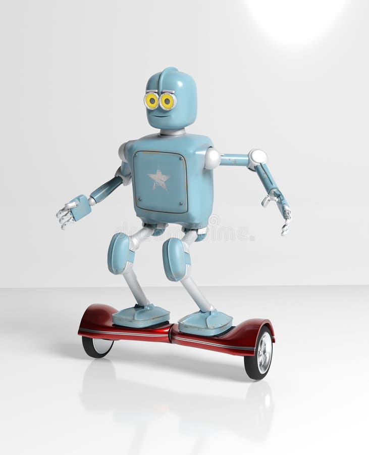 Retro robotritten op gyroscoop hoverboard isolate op witte 3d vector illustratie Retro robotritten op gyroscoop hoverboard isolate op witte 3d vector illustratie