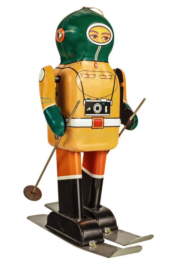 Retro robotskidåkare som isoleras på vit arkivfoton