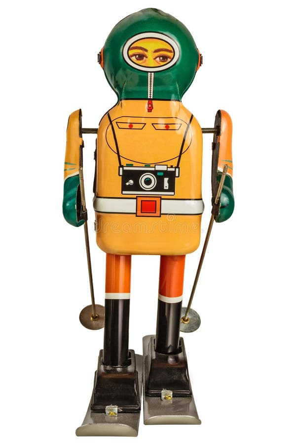 Retro robotskidåkare som isoleras på vit royaltyfri bild
