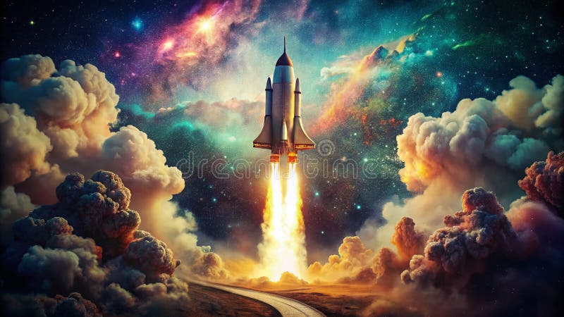 Retro Rocket Launch Animation A Vintage Space Voyage Through Celestial Motion Graphics Featuring Futuristic Design royalty free illustration