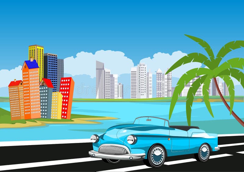 Retro rocznika stary samochód na drodze, plażowe palmy, royalty ilustracja Retro rocznika stary samochód na drodze, plażowe palmy, royalty ilustracja