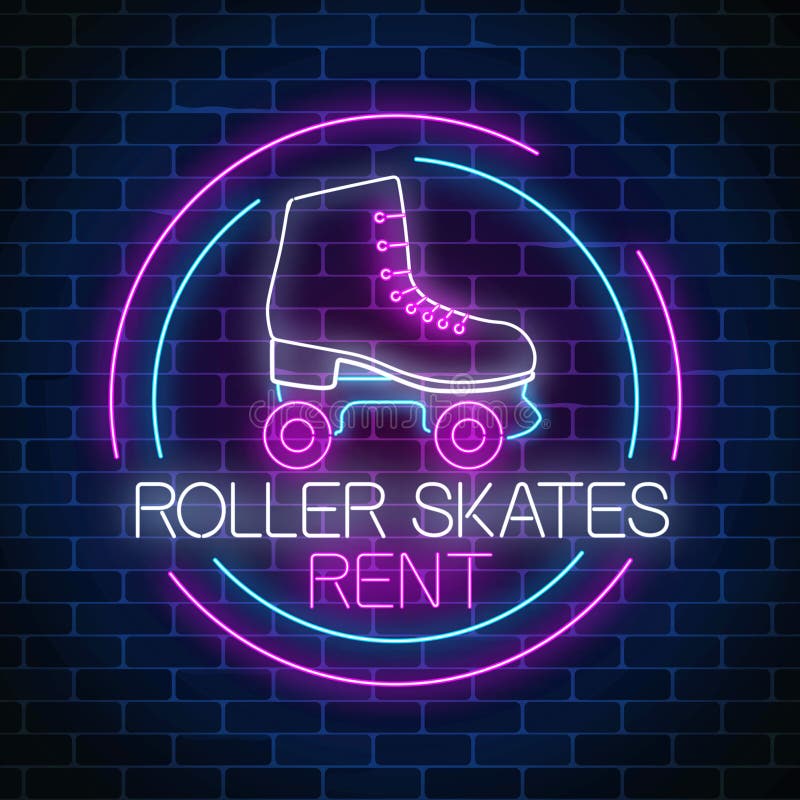 Retro roller skates rent glowing neon sign in circle frame. Skate zone symbol in neon style