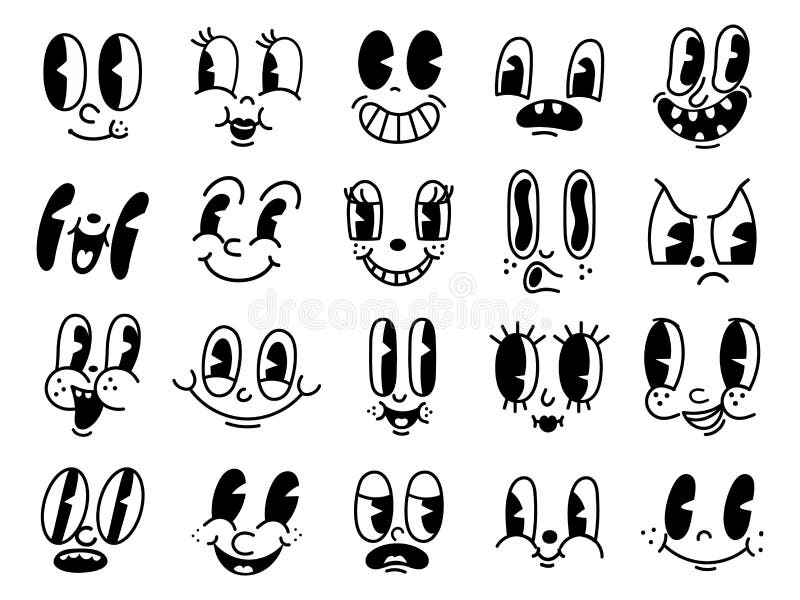 Retro 30s Cartoon Mascot Characters Funny Faces. 50s, 60s Old Animation  Eyes and Mouths Elements Stock Vector - Illustration of lash, smiley:  232081309