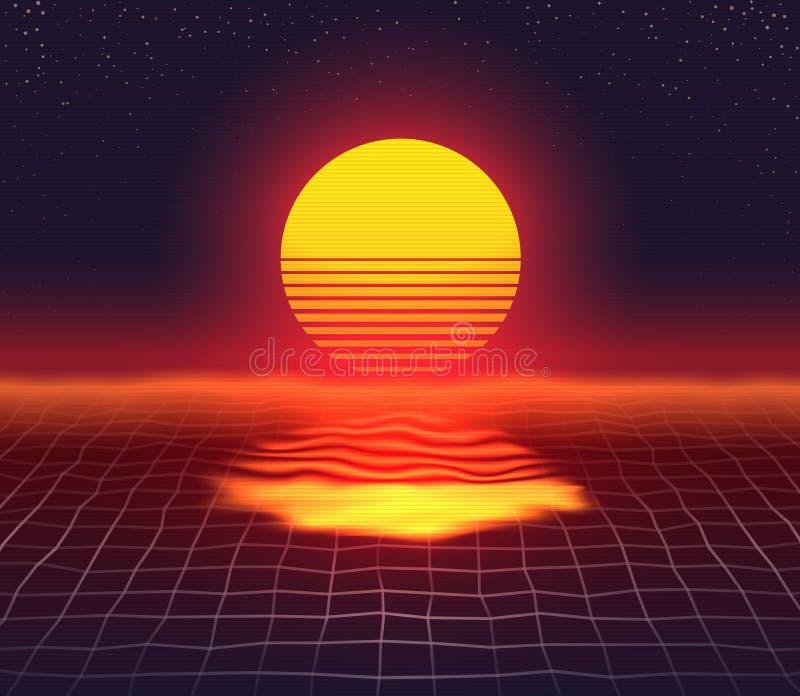 Retro 80s Futuristic Sunset Design Grid Water Surface Bright Sun Over