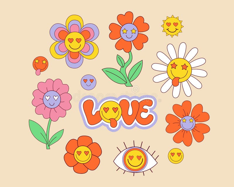 Retro 70s groovy elements, cute funky hippy stickers. Cartoon daisy flowers, sun, eye, faces emoji, hippie sticker