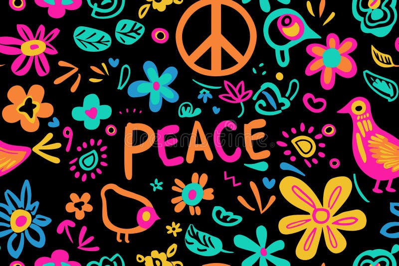 Retro 60s hippie peace άνθη περιστέρια άνυσμα σχέδιο χωρίς ραφές. φωτεινό χρώμα στυλ σκίασης. τριπόνι απεικόνιση αποθεμάτων