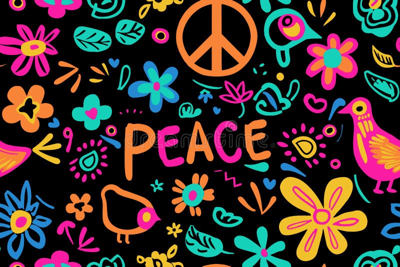 Retro 60s hippie peace άνθη περιστέρια άνυσμα σχέδιο χωρίς ραφές. φωτεινό χρώμα στυλ σκίασης. τρίψιμο απεικόνιση αποθεμάτων