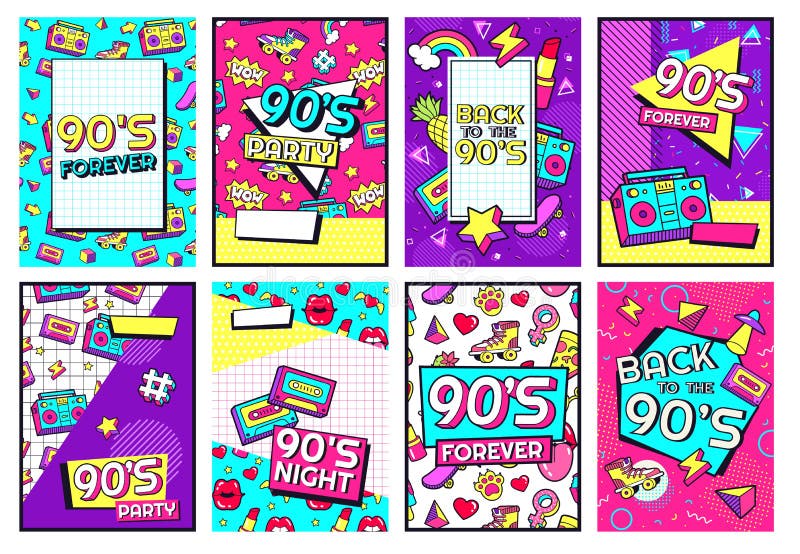 Retro 90s poster. Nineties forever, funky 1990s music night party posters and pop flyer card vector set