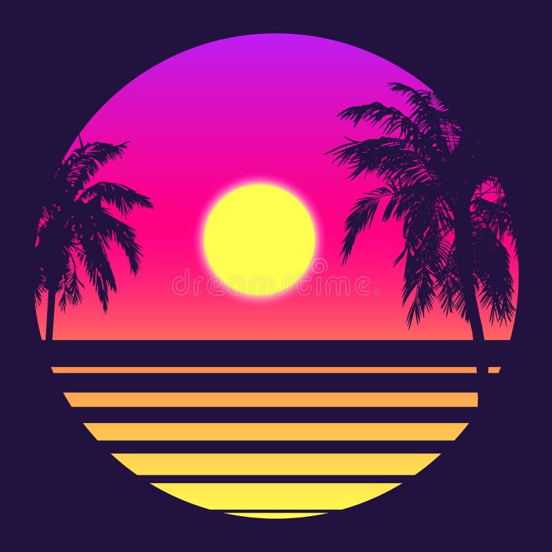 Retro 80s Style Tropical Sunset with Palm Tree.