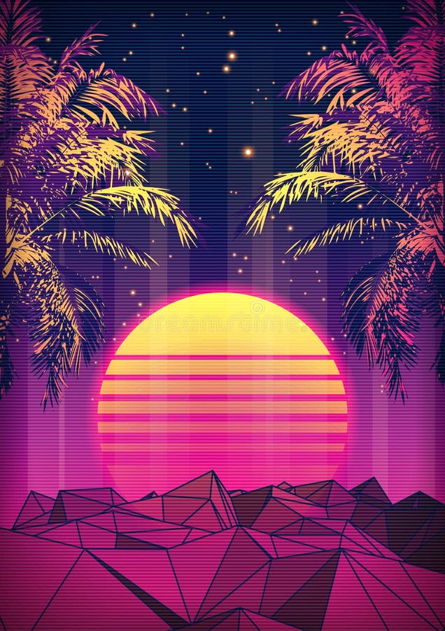 Retro 80s Style Tropical Sunset with Palm Tree. Stock Vector ...