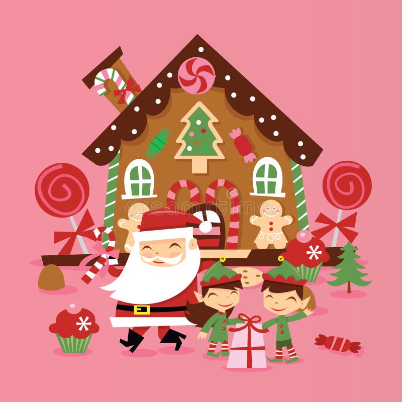 Retro- Santa Claus And Elves Gingerbread House lizenzfreie abbildung Retro- Santa Claus And Elves Gingerbread House lizenzfreie abbildung