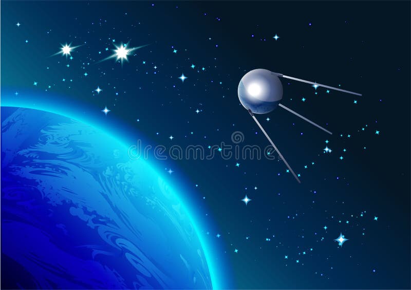 Retro Satellite in space. Cosmonautics Day. First satellite in space vector illustration