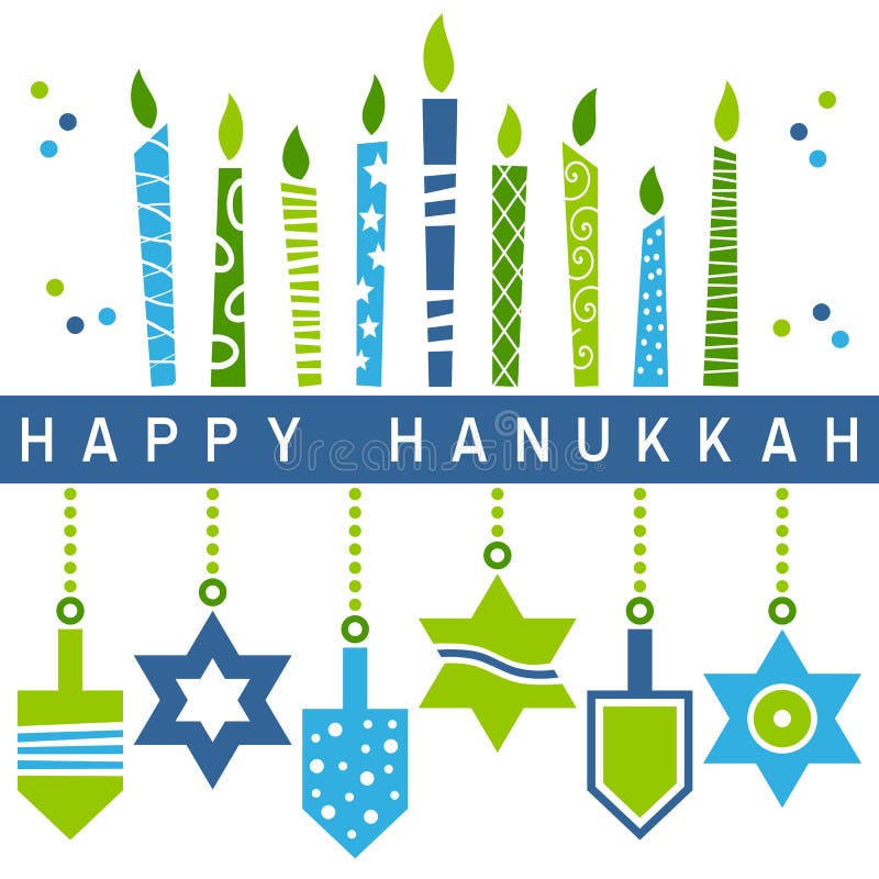 A Happy Hanukkah greeting card with a stylized and retro Hanukkah Menorah (or Hanukiah) and hanging decorations (star of David and dreidel). Eps file available. A Happy Hanukkah greeting card with a stylized and retro Hanukkah Menorah (or Hanukiah) and hanging decorations (star of David and dreidel). Eps file available.