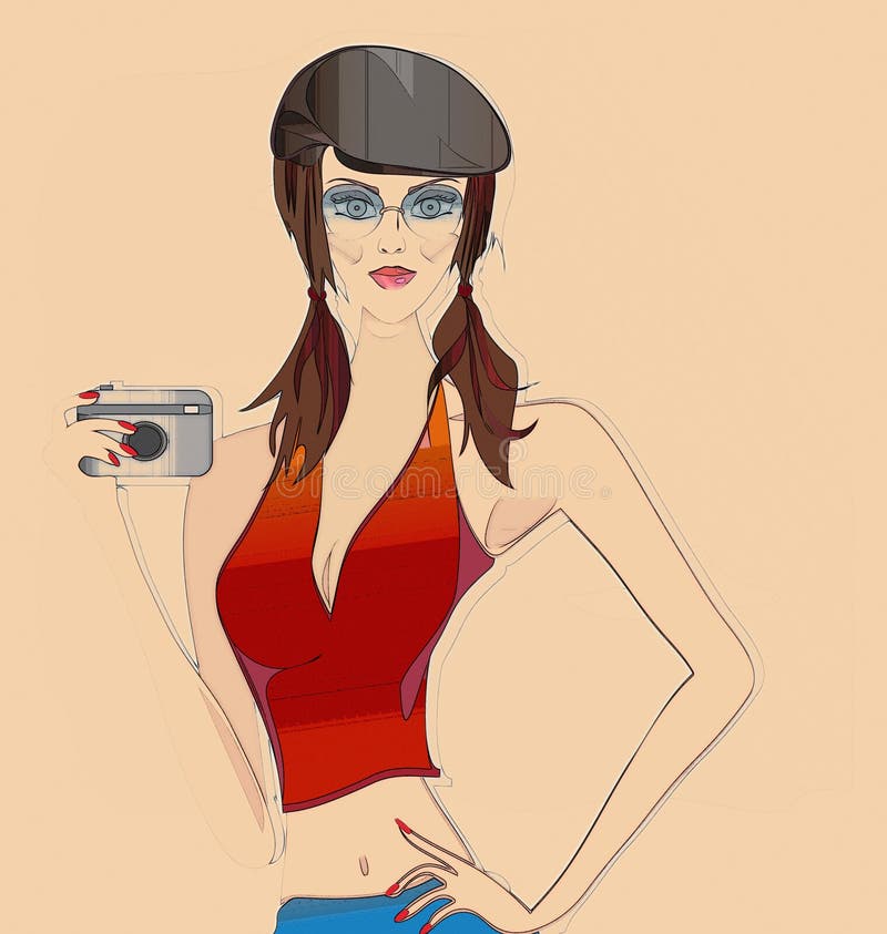 Retro Schets van een Mooi Meisje met Fotocamera. Portret van een Vrouw met Manierhoed stock illustratie Retro Schets van een Mooi Meisje met Fotocamera. Portret van een Vrouw met Manierhoed stock illustratie