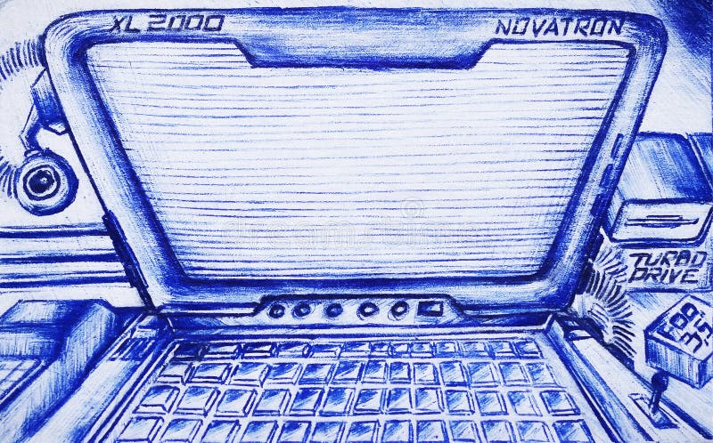 Retro school drawing of hacker laptop on vintage card royalty free stock photos