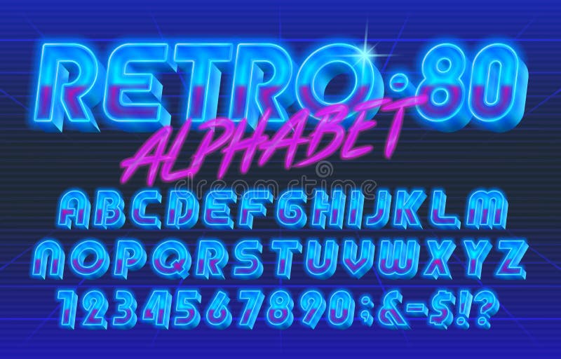 80s Retro alphabet font. Glowing 3D letters and numbers. Stock vector typescript for your typography design. 80s Retro alphabet font. Glowing 3D letters and numbers. Stock vector typescript for your typography design.