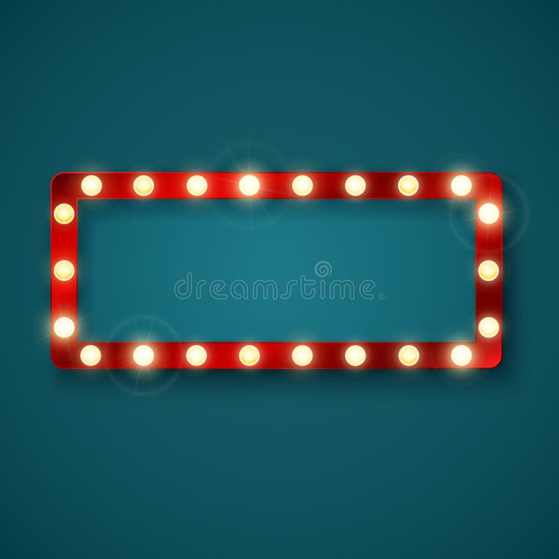 Retro banner sign with red frame and glowing bulbs. Colorful vintage advertisement billboard with space for text. Vector illustration. Retro banner sign with red frame and glowing bulbs. Colorful vintage advertisement billboard with space for text. Vector illustration.