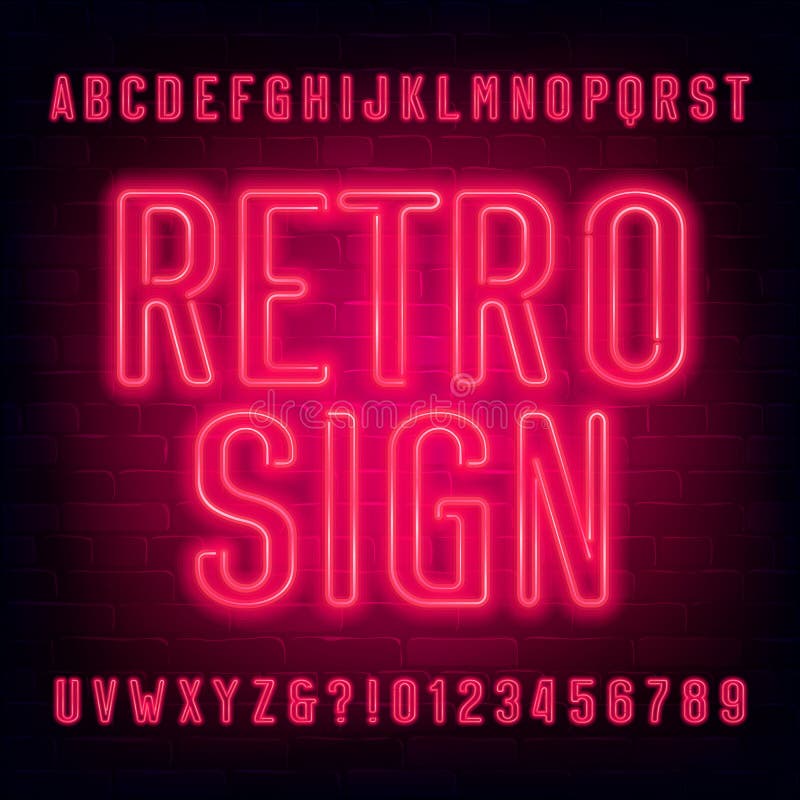 Retro Neon Alphabet Font. Orange Neon Condensed Letters and Numbers ...