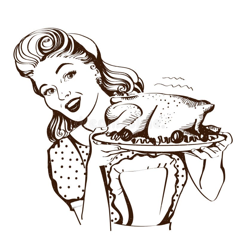 Retro Smiling Housewife Holding Big Cake In Her Hands Vector Color